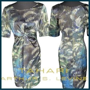 Tahari ASL Tropical Print Satin Scoop Neck Knot Short Sleeve Midi Dress (8)